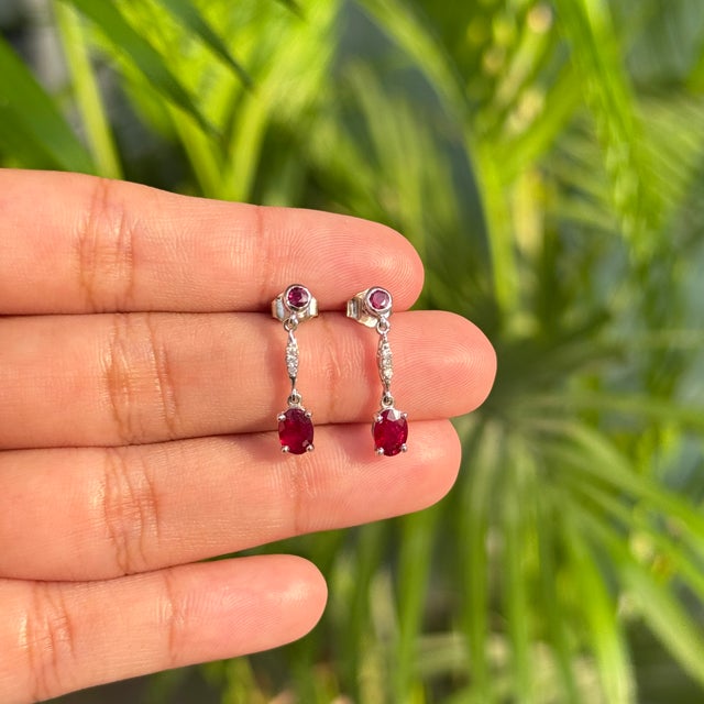 14k White Gold 1.35Ct Natural Ruby & Diamond Drop Dangle Earrings- A Pair For Sale - Image 11 of 14