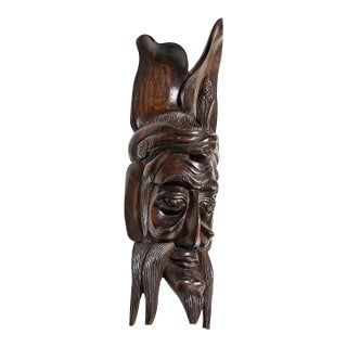 Vintage Hand-Carved Maya Maize God Hardwood Wall Mask For Sale