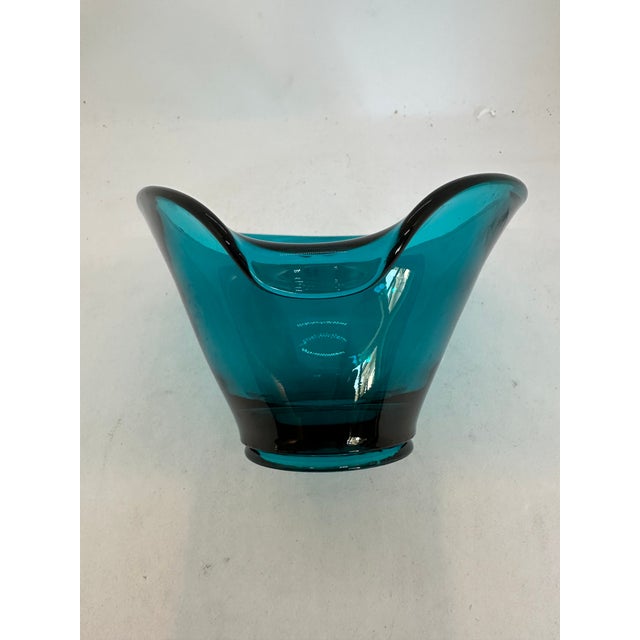 5”x5”Handled basket and 5 1/2”x3 1/2” oval dishes.. Bluenique by Viking gorgeous hand blown aqua Mid Century candy dishes.