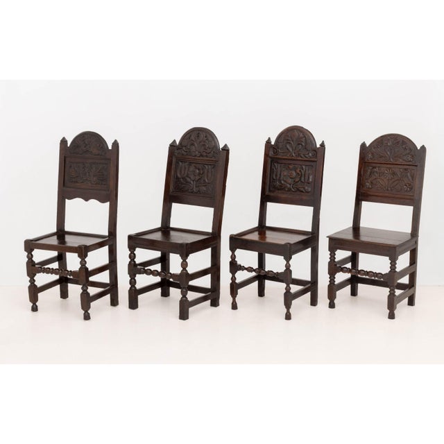 Set of Eight Jacobean Carved Oak Dining Chairs For Sale - Image 4 of 16
