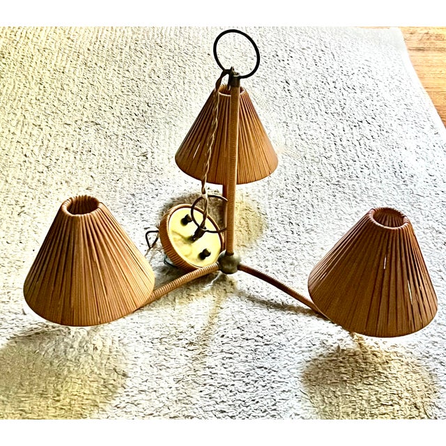 2020s Woven Brand Light "Delphine" Style 3-Arm Rattan and Brass Chandelier For Sale - Image 5 of 12