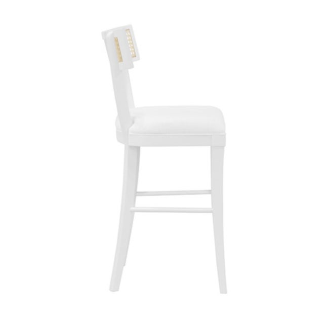 Contemporary Matthew Izzo Home Britta Matte White Lacquer Klismos Style Counter Stool With Cane Back and White Linen Upholstered Seat For Sale - Image 3 of 6