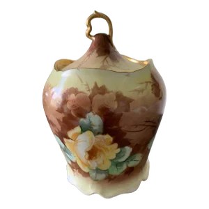 1990s Rosenthal Germany Covered Cracker Biscuit Jar Hand - Painted Roses Signed by Artist