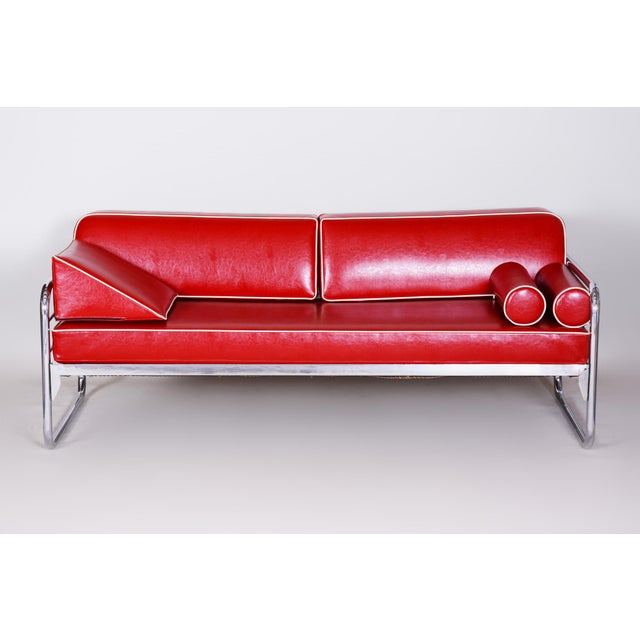 Red Bauhaus Sofa in Chrome and Leather attributed to Hynek Gottwald, Czech, 1930s For Sale - Image 8 of 12