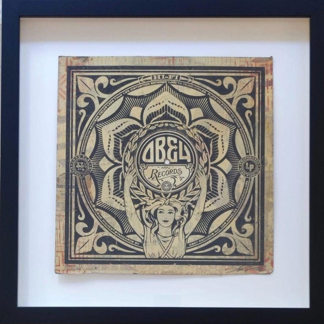 Shepard fairey (obey) lotus woman ac hpm, 2013 hand signed screen print and paper collage on lp cover numbered 3/8...