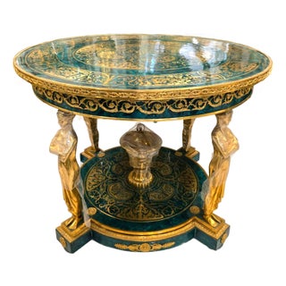 Monumental French Empire Center Table in Bottle Green With Gold Leaf, Bronze Caryatid Figures & Glass Top For Sale