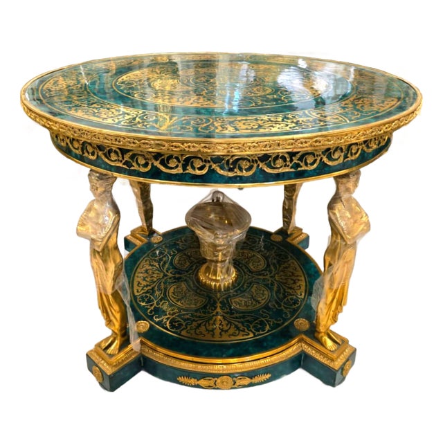 Monumental French Empire Center Table in Bottle Green With Gold Leaf, Bronze Caryatid Figures & Glass Top For Sale