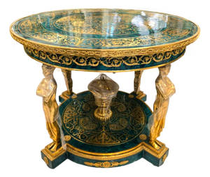 Monumental French Empire Center Table in Bottle Green With Gold Leaf, Bronze Caryatid Figures & Glass Top