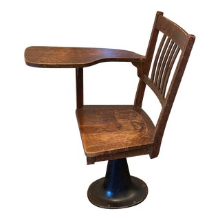 20th Century Antique Student Mission Oak Wood School Chair & Desk With Cast Iron Base For Sale