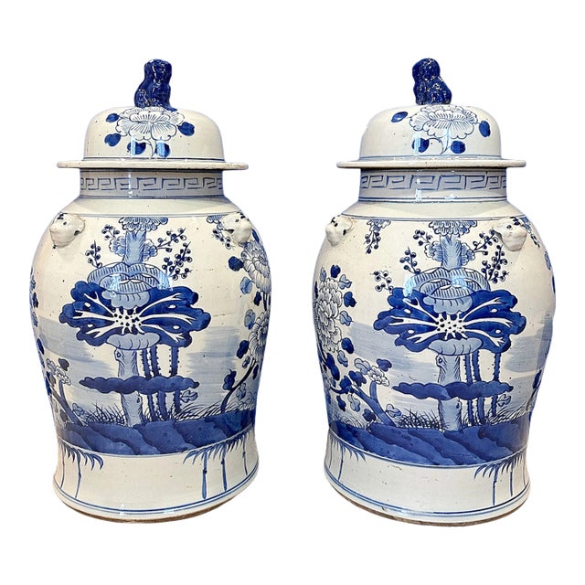 Chinoiserie White & Blue Flower Baluster Ginger Jars - a Pair For Sale