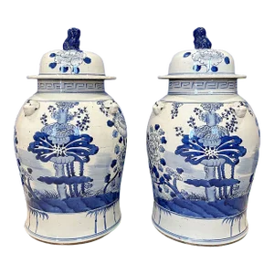 Chinoiserie White & Blue Flower Baluster Ginger Jars - a Pair
