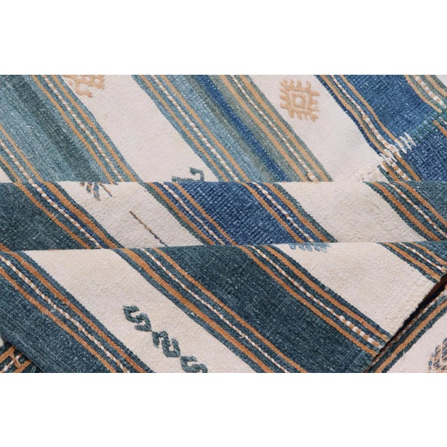 Vintage Turkish Cotton Kilim Rug With Teal, Blue, Cream, and Beige Stripes 4'6"x16'4" For Sale - Image 9 of 10