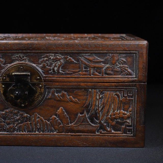 Late 20th Century Huali Rosewood Box Carved With Landscape & Poetry For Sale - Image 5 of 10
