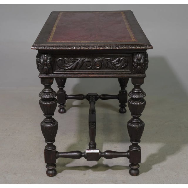 Late 19th Century British Carved Oak Leather Top Writing Table For Sale - Image 4 of 17
