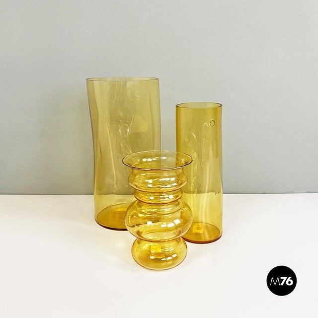 Set of three blown Murano glass vases, with three different shapes and sizes. Designed by Carlo Nason c. 1970, Murano...