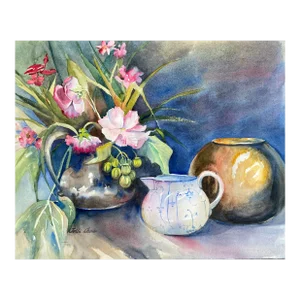 1980s Tollie Davis Floral Still Life With Pottery