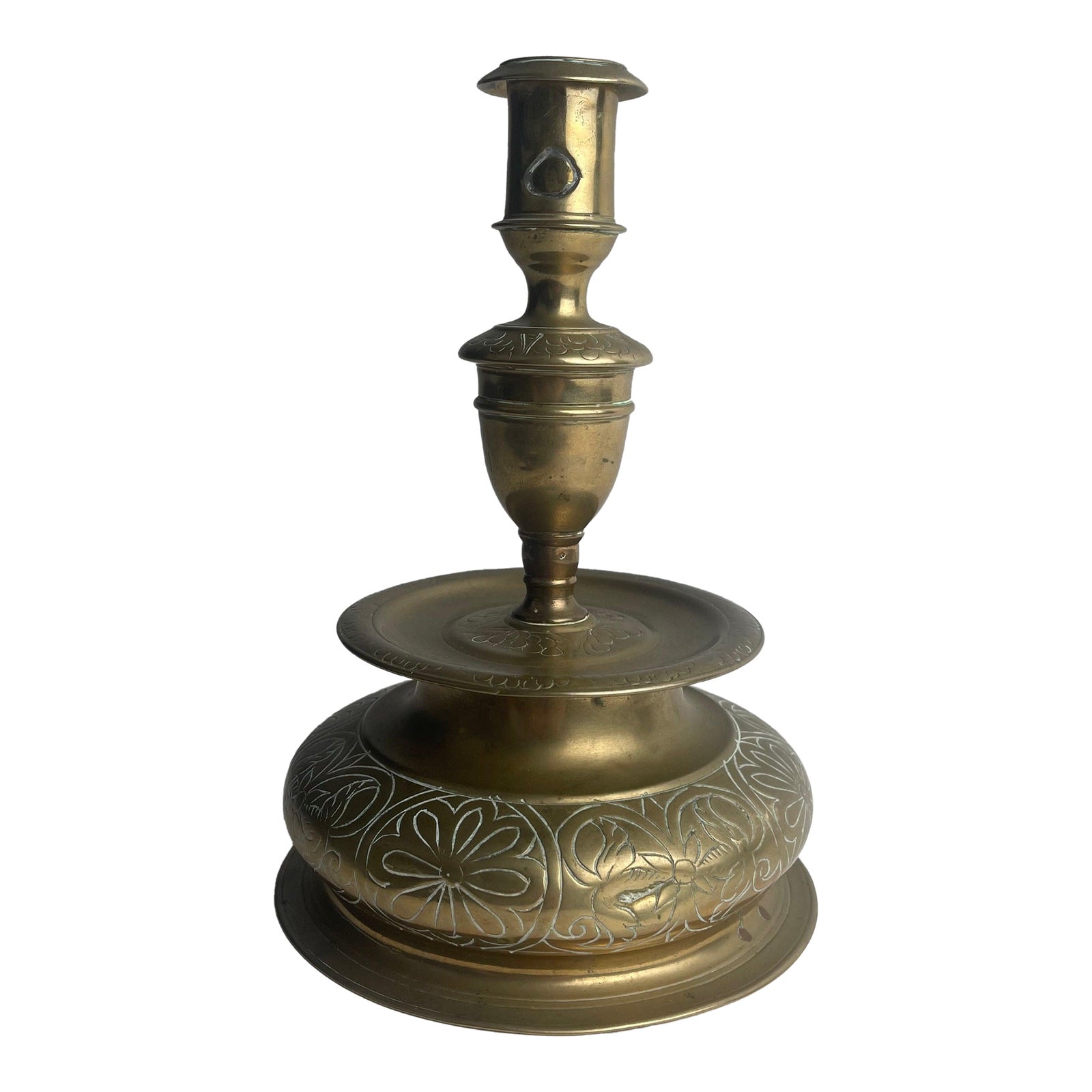 17th Century Nuremberg Brass Bell Form Engraved Candlestick | Chairish