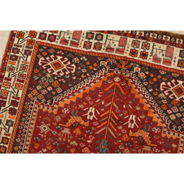 Shiraz Rug 3’10” X 5′ Red Wool Vintage Tribal Hand-Knotted Oriental Carpet For Sale In Philadelphia - Image 6 of 13