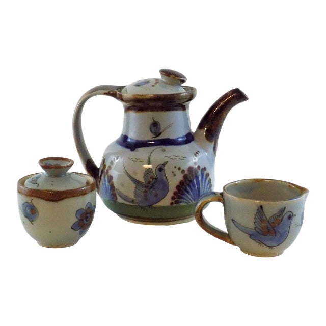 Vintage Mexico Pottery Tea Set Teapot Lidded Sugar and Creamer Blue and