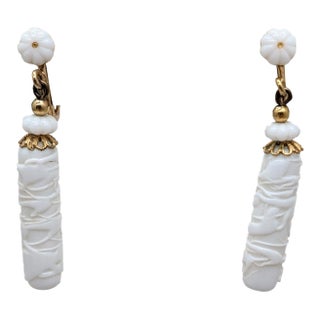 Vintage 1960s Signed Napier Goldtone White Art Glass Drop Clip Earrings-2 Pieces For Sale