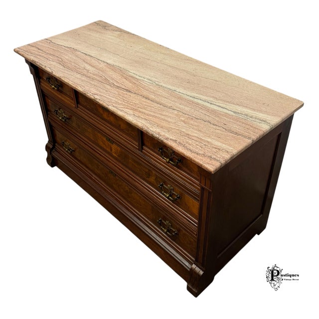 Antique Eastlake Style Walnut & Burl Wood Travertine Marble Top Chest of Drawers For Sale - Image 4 of 12