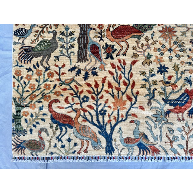 Cream Hand-Knotted Afghan Tree of Life Pictorial Wool Area Rug - 8'1" X 9'9" For Sale - Image 8 of 13