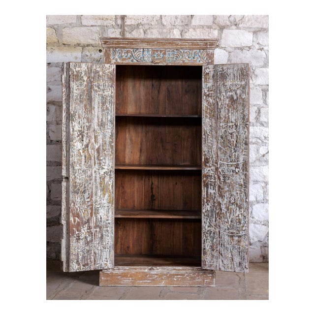 Mid-Century Modern Antique Rustic Hand-Carved Armoire in Distressed Whitewash Finish 78x37 For Sale - Image 3 of 7