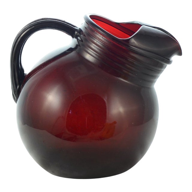 Ruby Red Tilted Ball Glass Pitcher For Sale