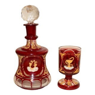 Antique 1800's Hand Enameled Painted Etched German Glass Wine Decanter W Chalice For Sale