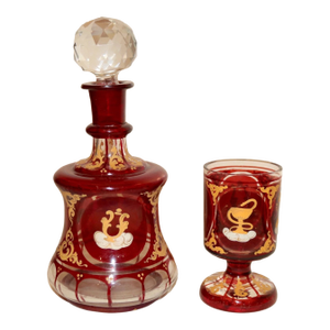 Antique 1800's Hand Enameled Painted Etched German Glass Wine Decanter W Chalice