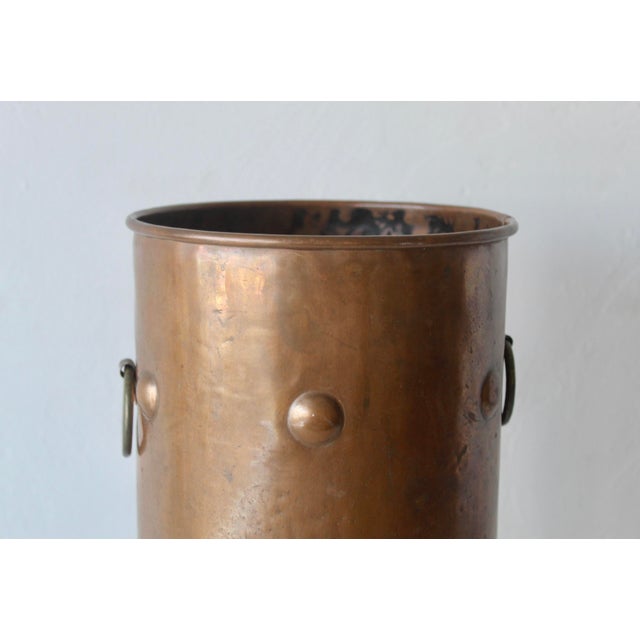 Metal American Arts and Crafts Style Riveted Cylindrical Copper Umbrella Stand Brass Hoop Handles Vintage For Sale - Image 7 of 14