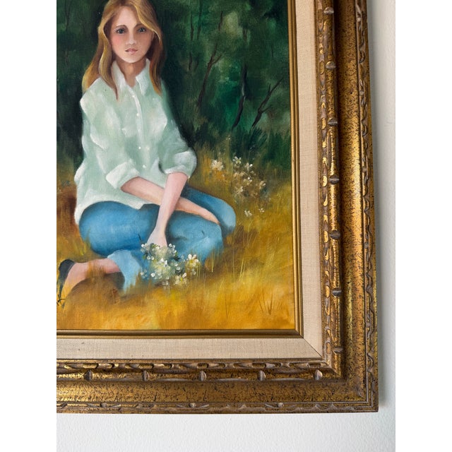 1970s Vintage E. Weight Portrait of a Girl in Landscape Oil on Canvas Painting, Framed For Sale - Image 10 of 12