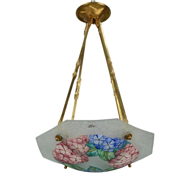 Art Deco Enameled Glass Four-Light Pendant Chandelier from Loys Lucha, 1930s For Sale