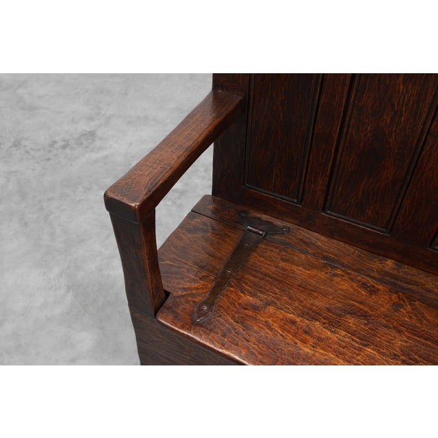 19th Century Rustic Oak Carved Bench with Storage Compartment, France For Sale - Image 13 of 16