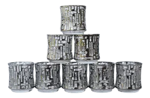 Vintage Libbey Brutalist Artica Platinum Glasses Lowballs With Caddy Barware - Set of 8