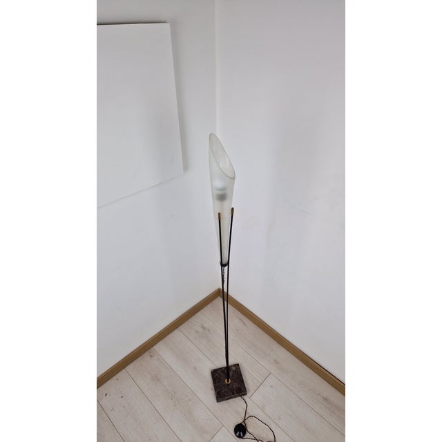 Black Brass and Iron Floor Lamp with Sandblasted Glass Lampshade and Marble Base, 1950s For Sale - Image 8 of 14