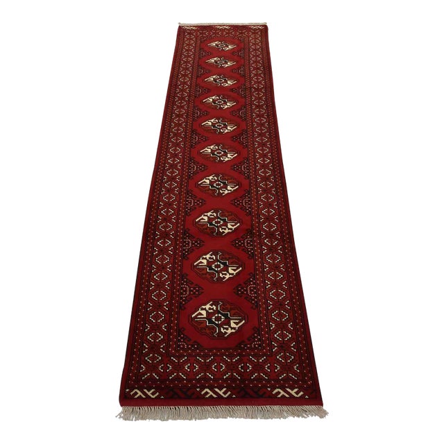 Turkmen Runner 2’6” X 9’7” Red Wool Vintage Tribal Hand-Knotted Oriental Rug For Sale