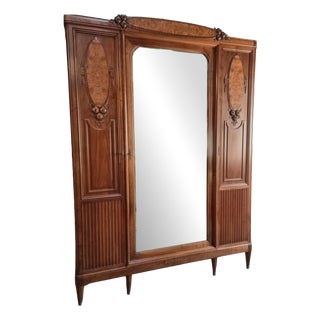 French Art Nouveau Wardrobe with Mirror in Walnut and Oak, 1890s For Sale
