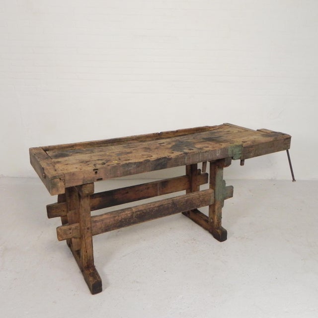 Industrial Wooden Workbench with Vice, 1930s For Sale - Image 10 of 18