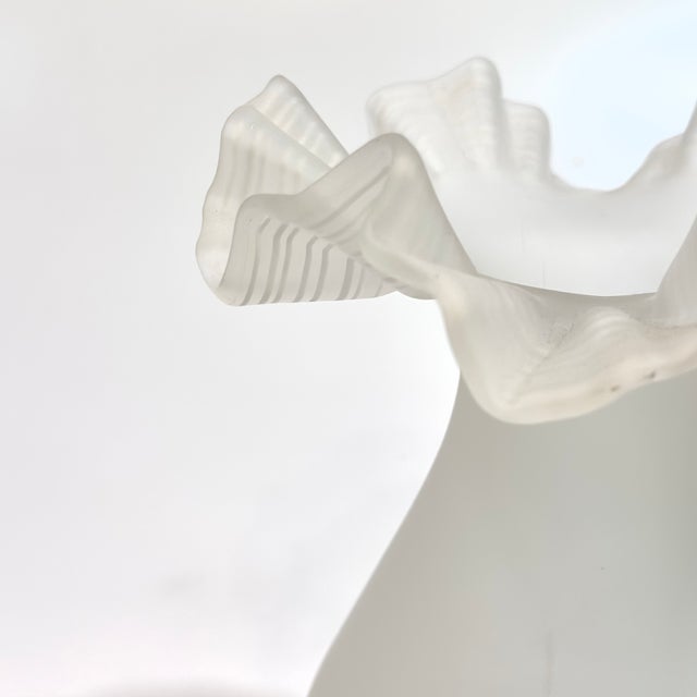 Glass Rare White Frosted Glass Vase With Eye-Catching Ruffled Top Circa 1980s For Sale - Image 7 of 13