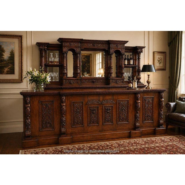 Victorian Hand-Carved Oak Front and Back Pub Bar, 1980 For Sale - Image 11 of 12