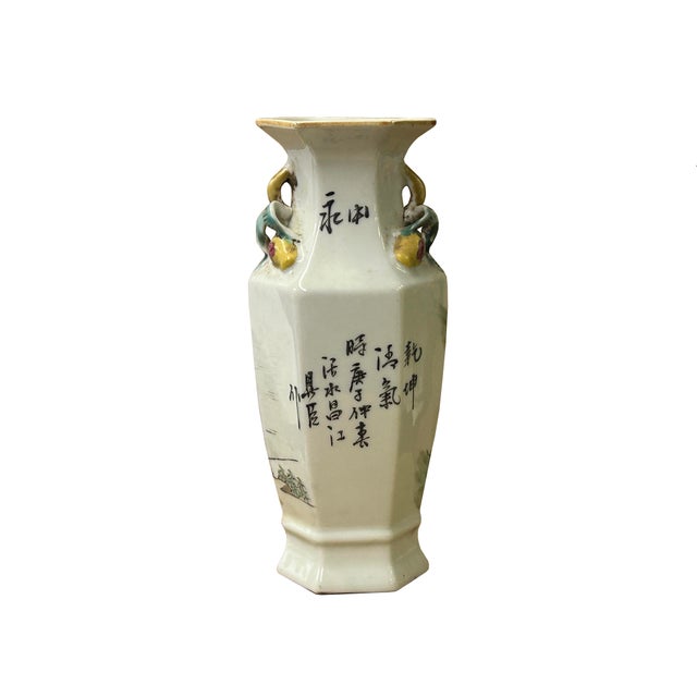 Chinese Chinese Scenery Graphic Hexagonal White Porcelain Art Vase For Sale - Image 3 of 15