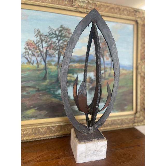 1960s Brutalist Possibly Welded Steel Abstract Sculpture Candle Holder on Likely White Marble Base, 1960s Modernist Art Object. For Sale - Image 5 of 8