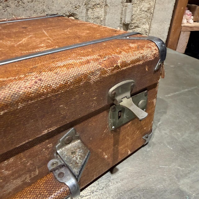 Textile Weathered Brown Vintage Suitcase With Metallic Latches Industrial For Sale - Image 7 of 16