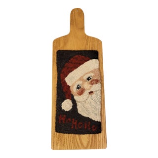 Santa on Wood Board - Hand Hooked by Designer - 100% Wool / Linen Backing For Sale