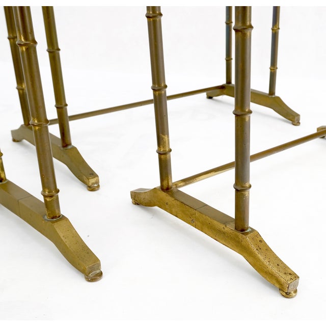 Mid 20th Century Set of MCM Solid Brass Faux Bamboo Glass Top Nesting Side End Tables Stands For Sale - Image 5 of 15