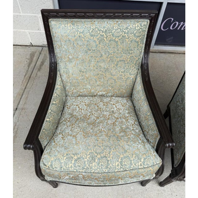 Sky Blue Pair of Ethan Allen Giselle Cut-Velvet Upholstered Bergère Chairs For Sale - Image 8 of 16
