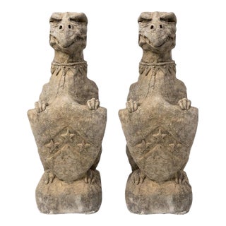 Pair of Vintage English Cast Stone Heraldic Guardian Beasts With Shields For Sale