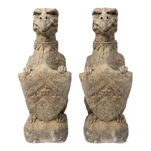 Pair of Vintage English Cast Stone Heraldic Guardian Beasts With Shields