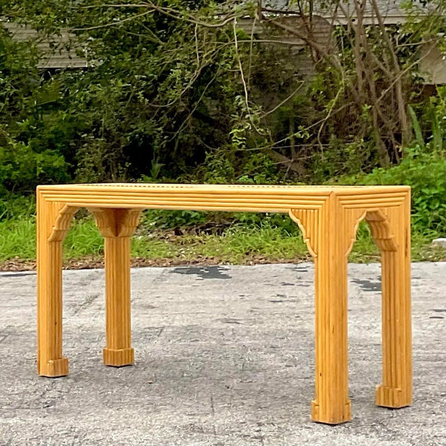 Khaki Late 20th Century Vintage Coastal Pretzel Rattan Chevron Ming Console Table For Sale - Image 8 of 11